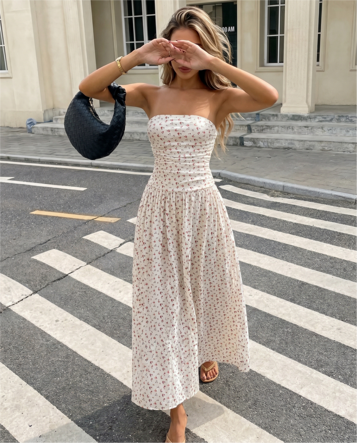 SOLACECream Ditsy Floral Strapless Midi Dress
