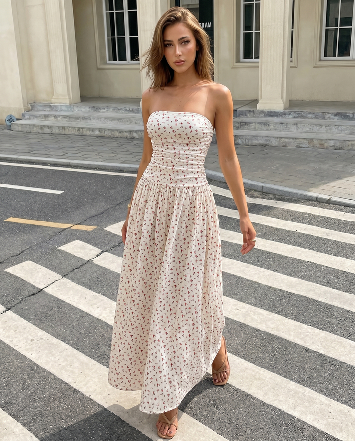 SOLACECream Ditsy Floral Strapless Midi Dress