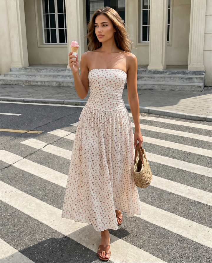 SOLACECream Ditsy Floral Strapless Midi Dress