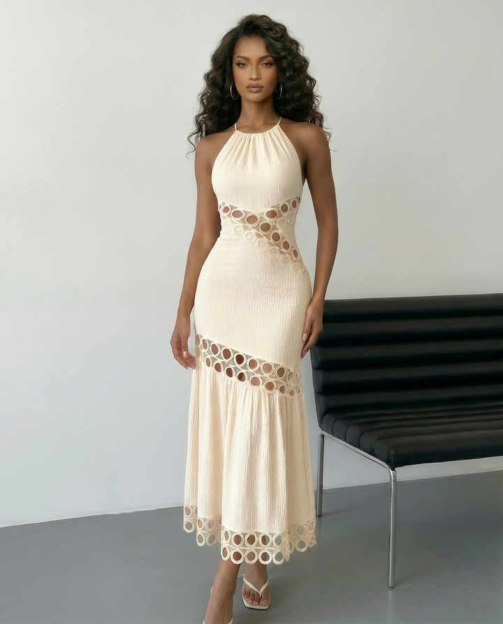 SOLACECream Halter Neck  Crochet Ring Detail Maxi Dress