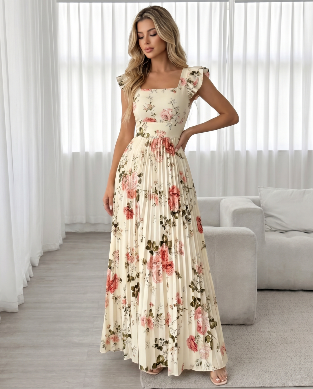 SOLACECream Pink Rose Floral Square Neck Ruffle Cap Sleeve Pleated Maxi Dress