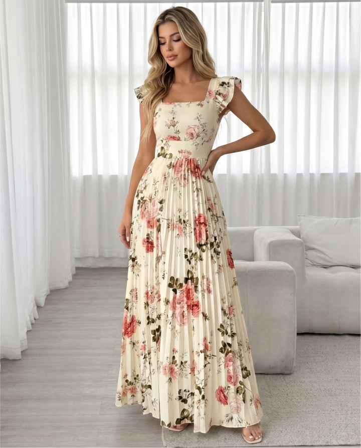 SOLACECream Pink Rose Floral Square Neck Ruffle Cap Sleeve Pleated Maxi Dress