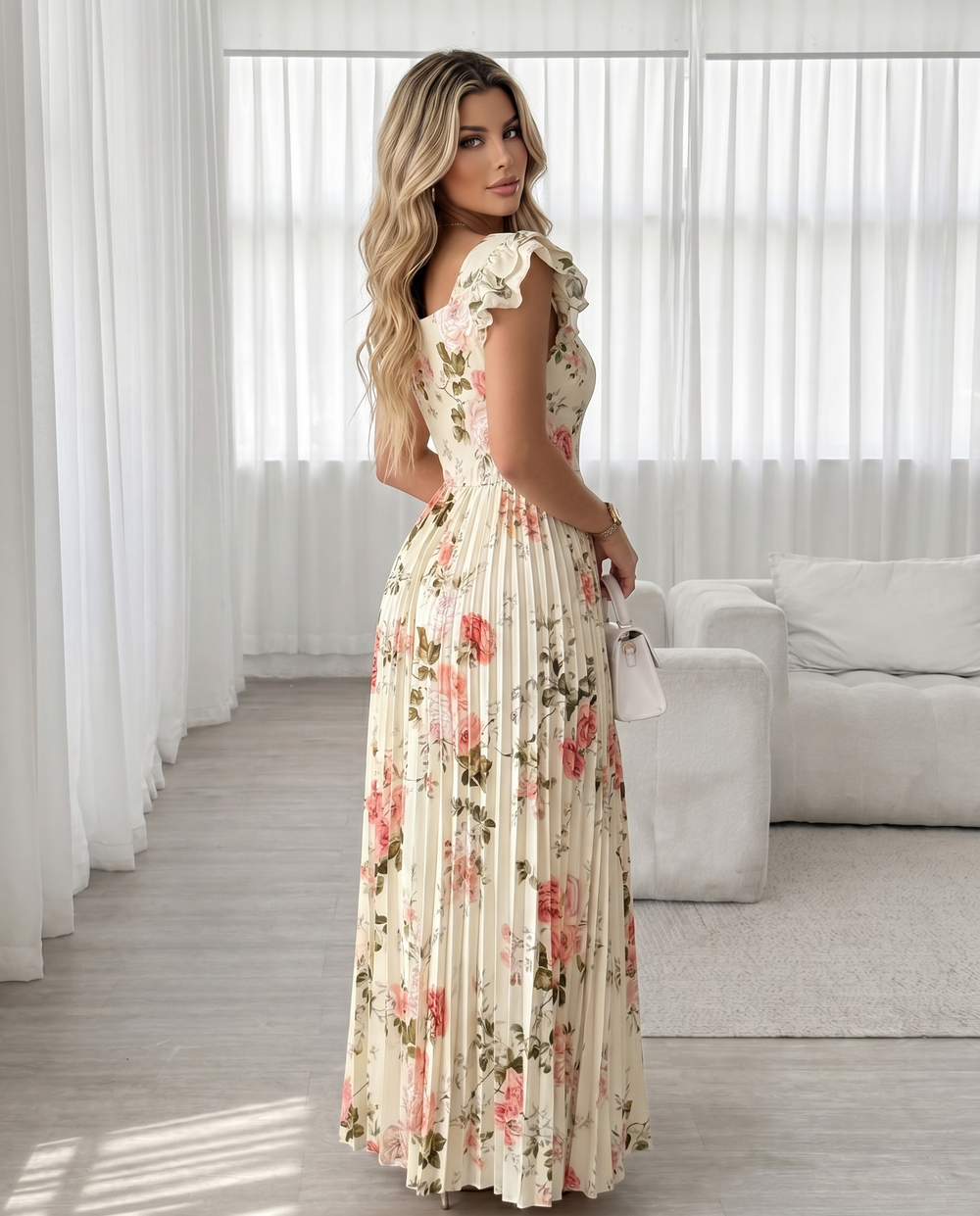 SOLACECream Pink Rose Floral Square Neck Ruffle Cap Sleeve Pleated Maxi Dress