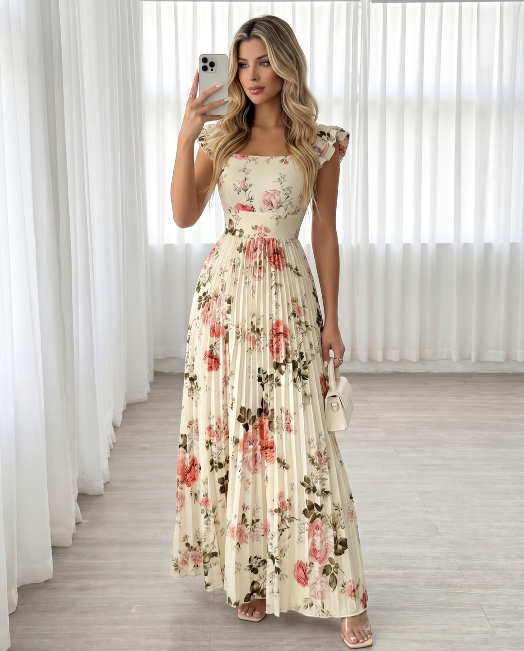 SOLACECream Pink Rose Floral Square Neck Ruffle Cap Sleeve Pleated Maxi Dress