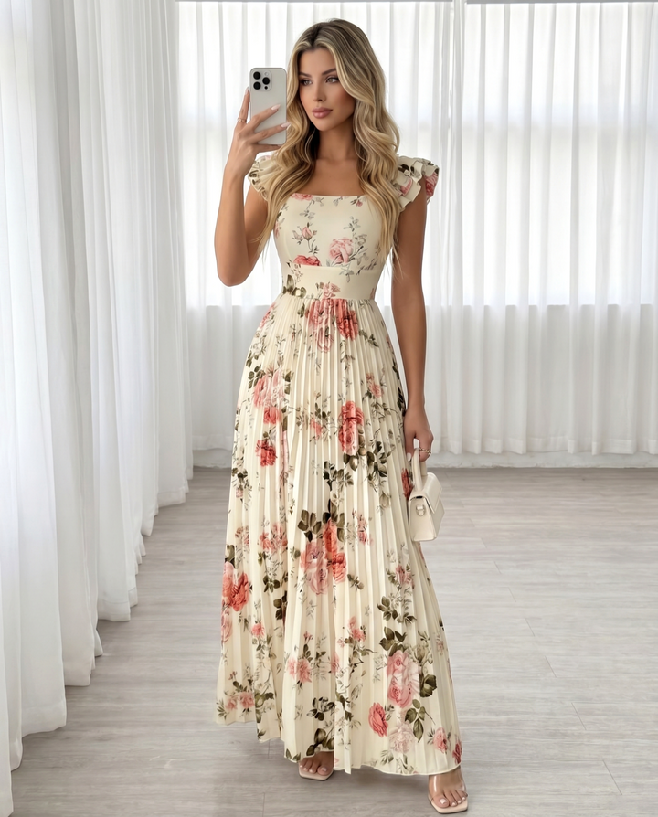 SOLACECream Pink Rose Floral Square Neck Ruffle Cap Sleeve Pleated Maxi Dress