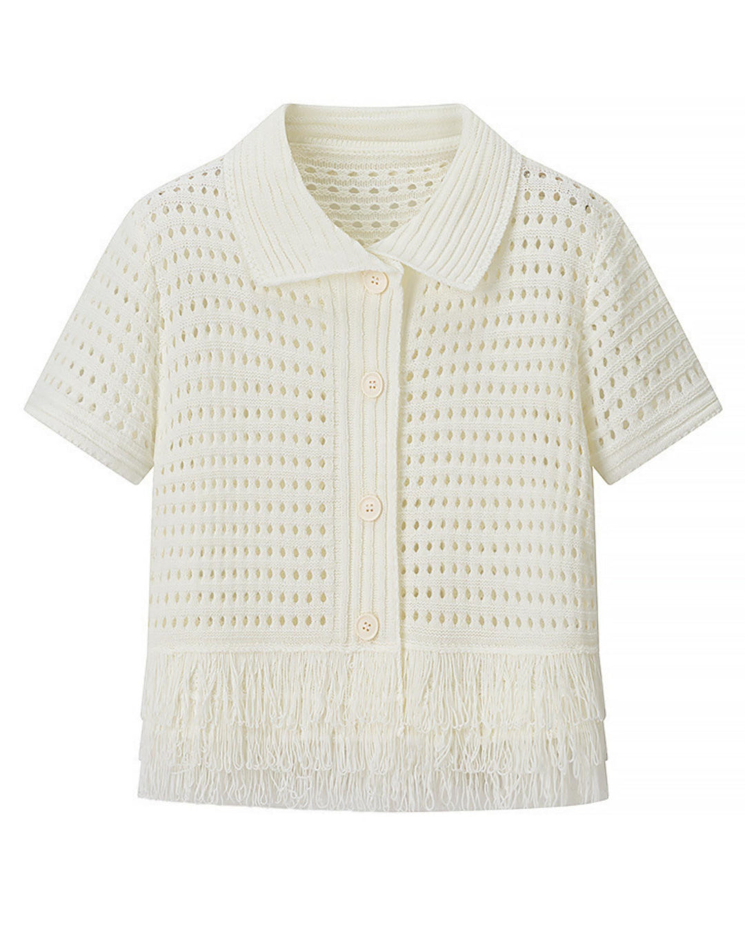 SOLACECream White Crochet Fringe Polo Top Skirt Set