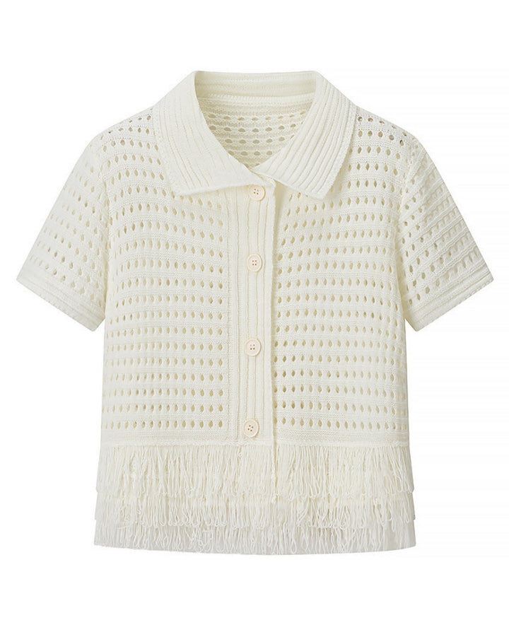 SOLACECream White Crochet Fringe Polo Top Skirt Set