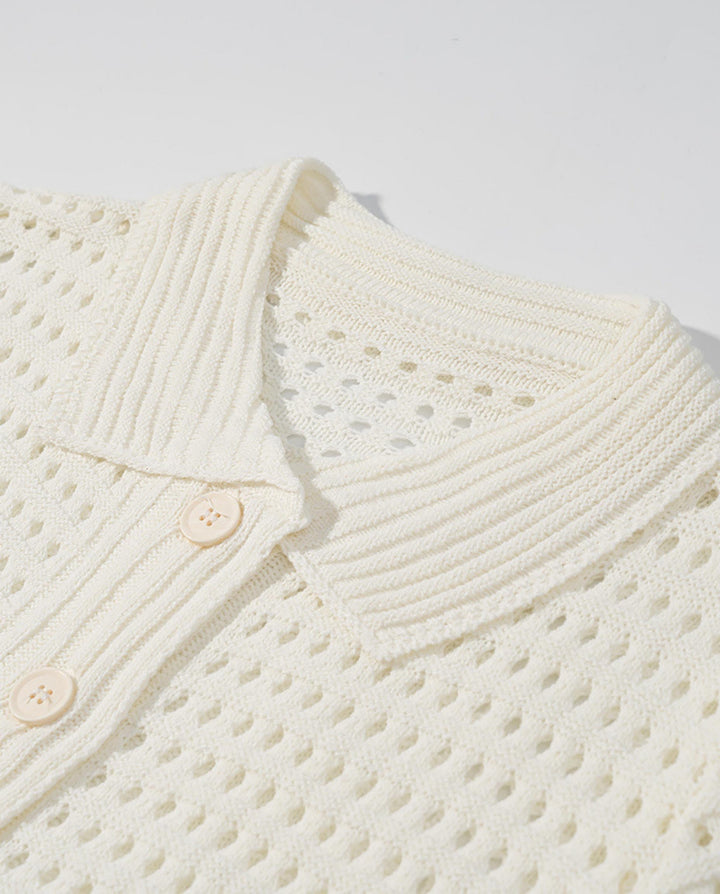 SOLACECream White Crochet Fringe Polo Top Skirt Set