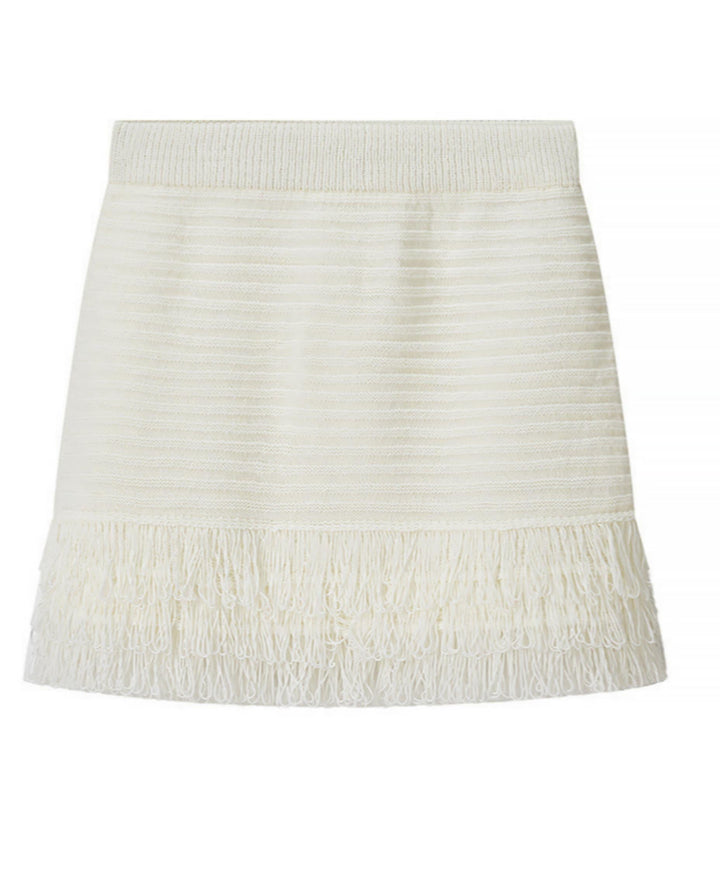 SOLACECream White Crochet Fringe Polo Top Skirt Set