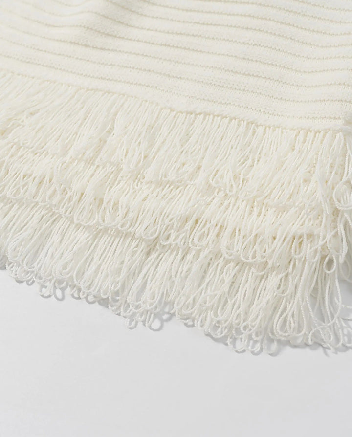 SOLACECream White Crochet Fringe Polo Top Skirt Set