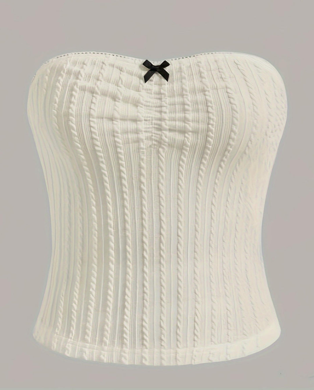 SOLACECream White Textured Bow Detail Strapless Tube Top