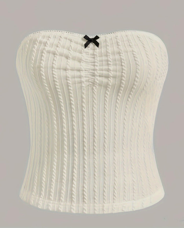 SOLACECream White Textured Bow Detail Strapless Tube Top