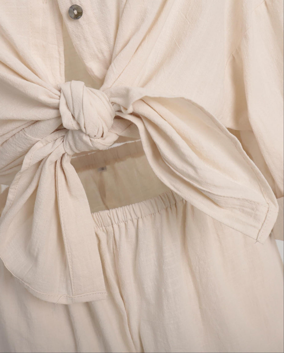 SOLACECreamy White Solid Long Sleeve Shirt And Shorts Two Piece Loungewear Set
