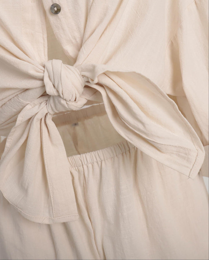 SOLACECreamy White Solid Long Sleeve Shirt And Shorts Two Piece Loungewear Set