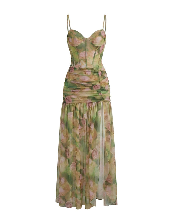 Green Floral Print Mesh Corset Ruched Slit Maxi Dress