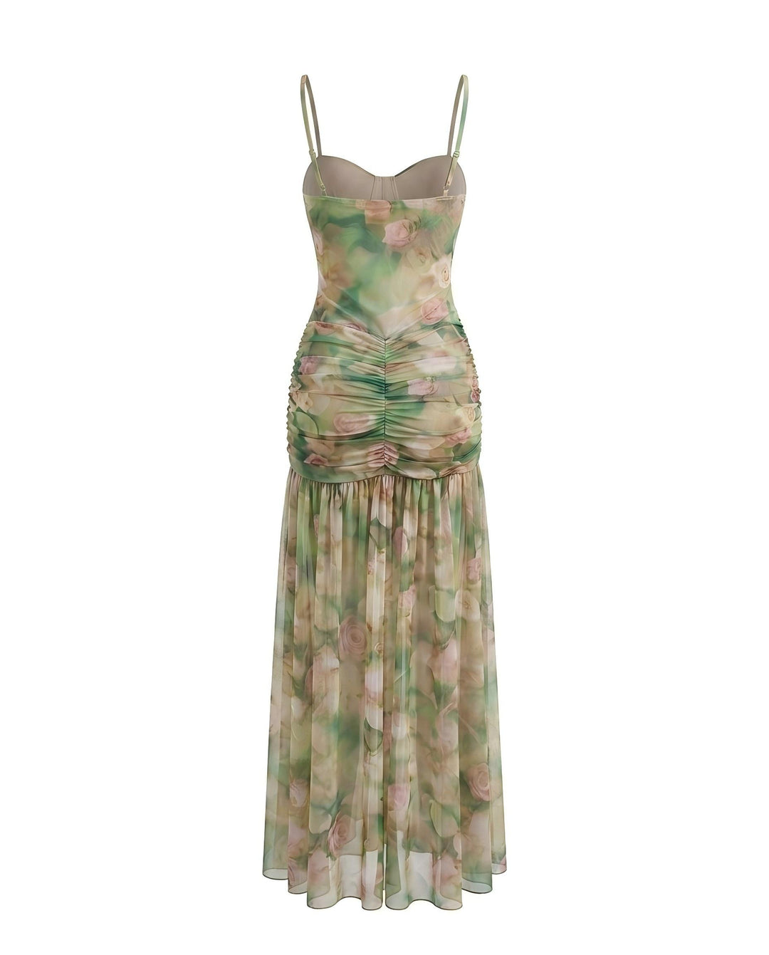 Green Floral Print Mesh Corset Ruched Slit Maxi Dress