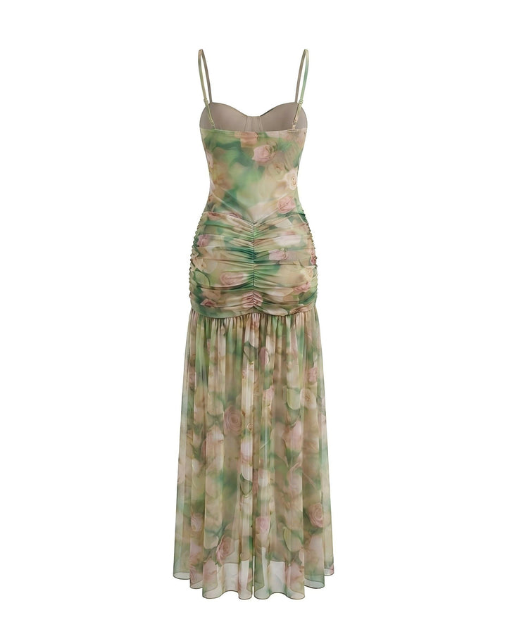 Green Floral Print Mesh Corset Ruched Slit Maxi Dress
