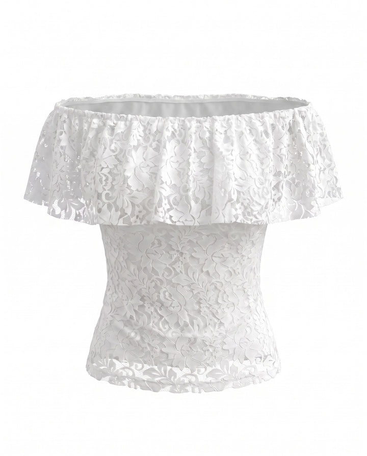 White Off-Shoulder Ruffle Lace Crop Top