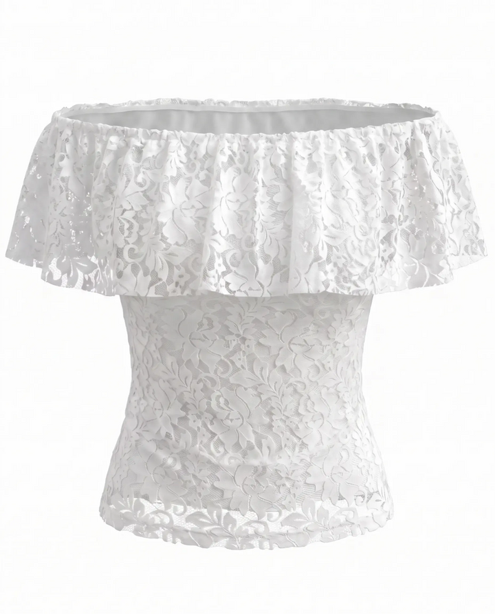 White Off-Shoulder Ruffle Lace Crop Top
