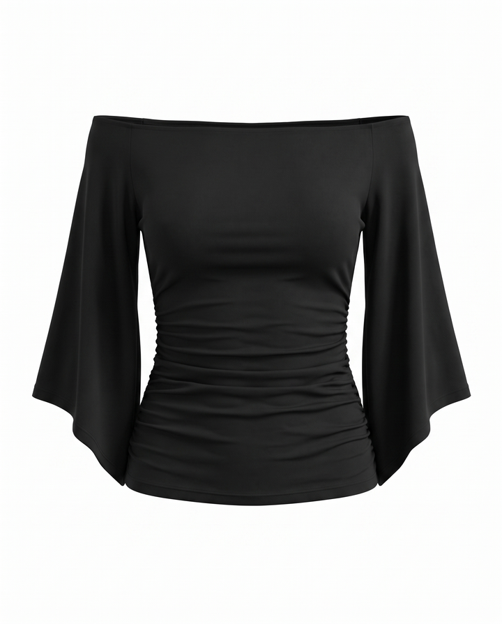 Black Off Shoulder Ruched Flare Sleeve Crop Top