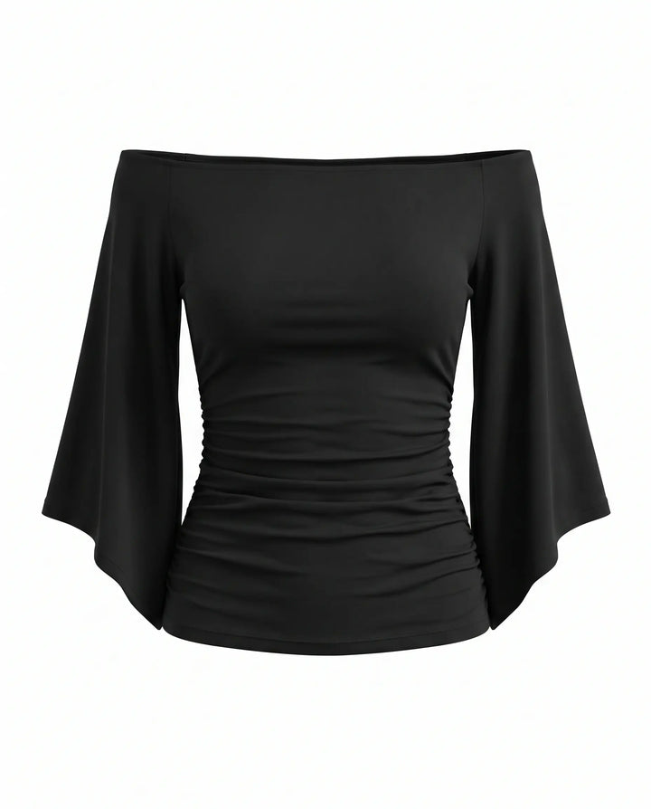 Black Off Shoulder Ruched Flare Sleeve Top