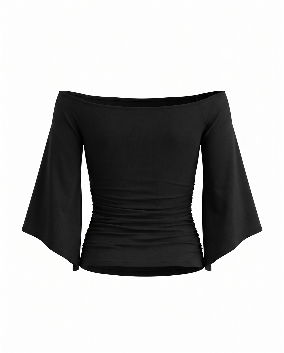 Black Off Shoulder Ruched Flare Sleeve Crop Top