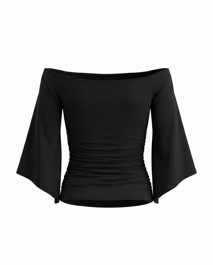 Black Off Shoulder Ruched Flare Sleeve Crop Top