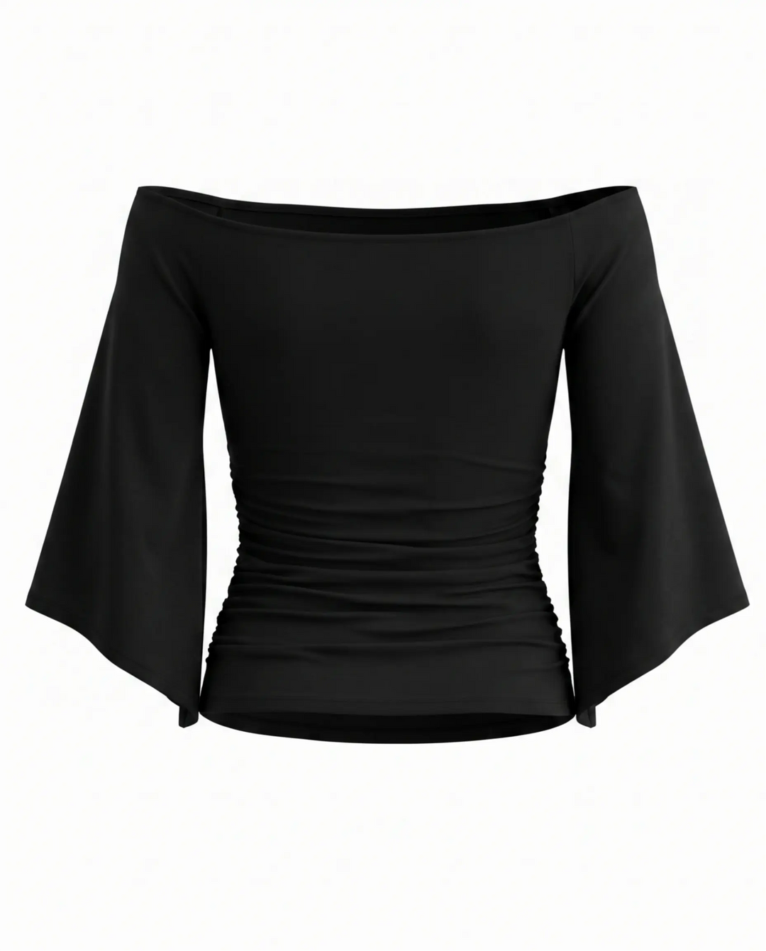 Black Off Shoulder Ruched Flare Sleeve Top