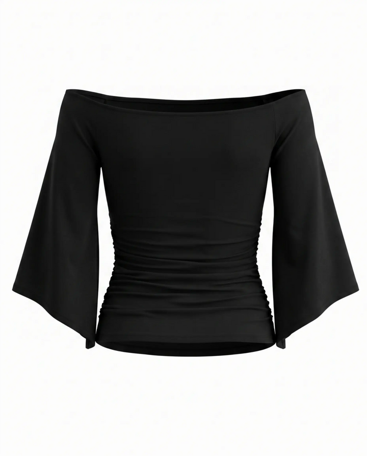 Black Off Shoulder Ruched Flare Sleeve Top