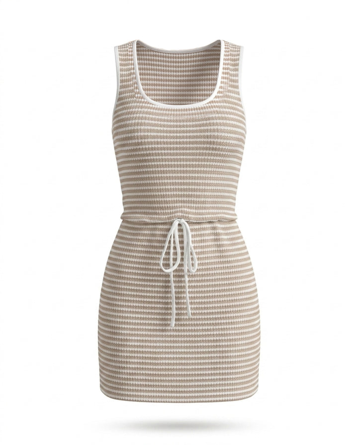 Beige White Striped Waffle Knit Scoop Neck Drawstring Waist Mini Dress