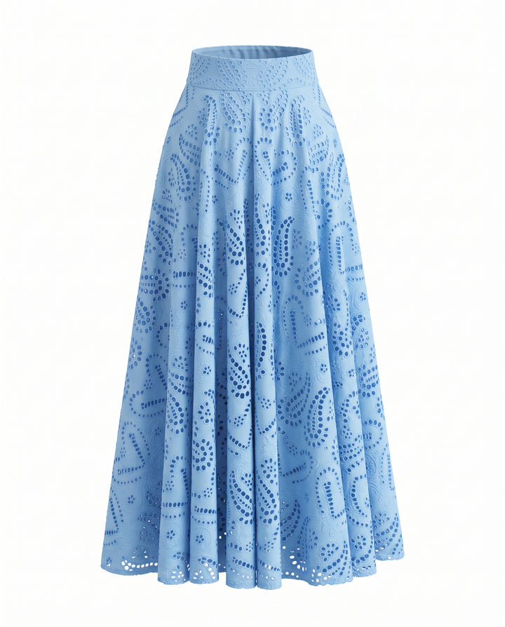 Blue Eyelet Embroidery High Waist Maxi Skirt