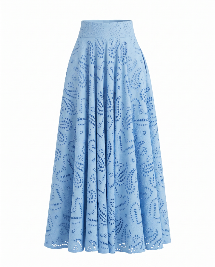 Blue Eyelet Embroidery High Waist Maxi Skirt