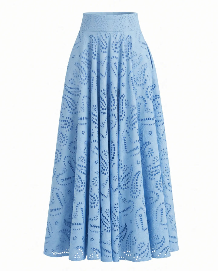 Blue Eyelet Embroidery High Waist Maxi Skirt