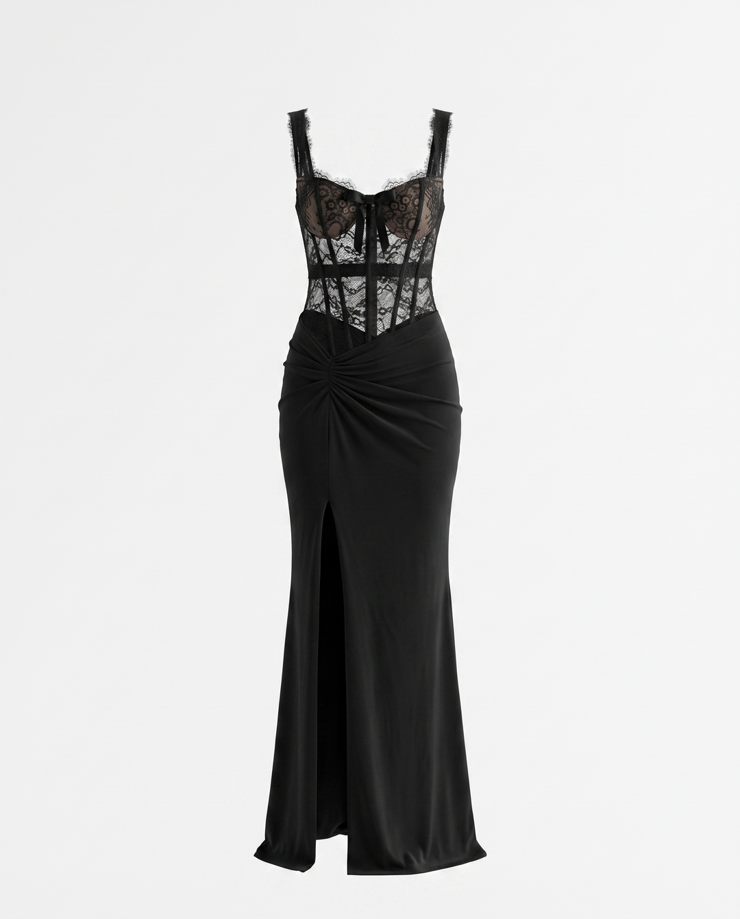Black Lace Corset Bodice Ruched Waist Split Maxi Dress