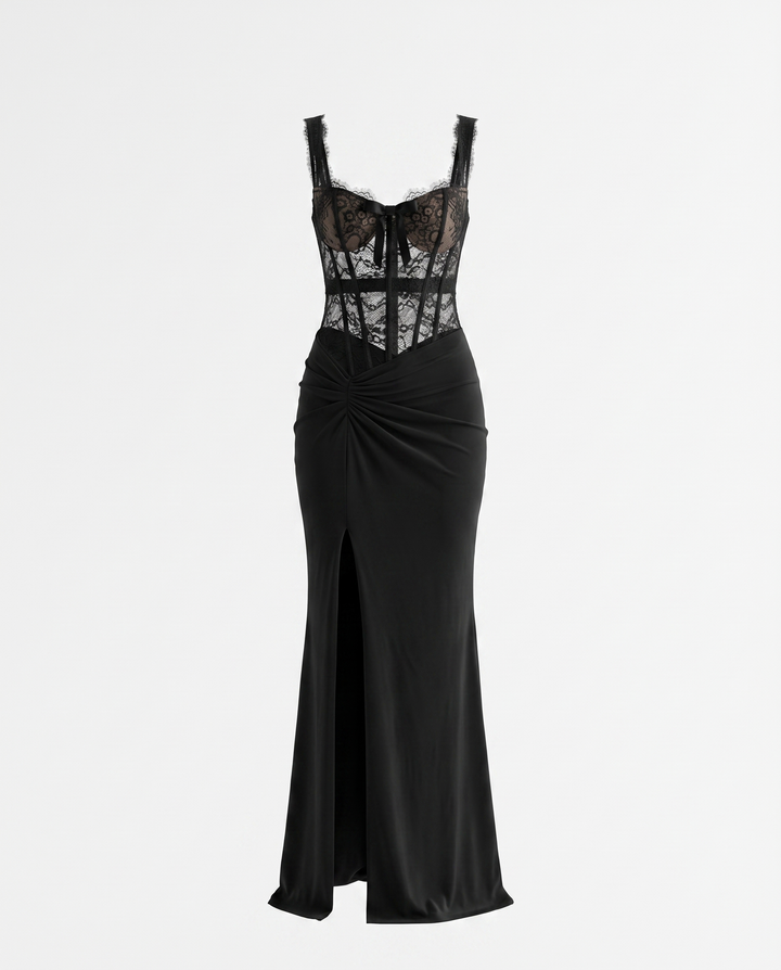Black Lace Corset Bodice Ruched Waist Split Maxi Dress