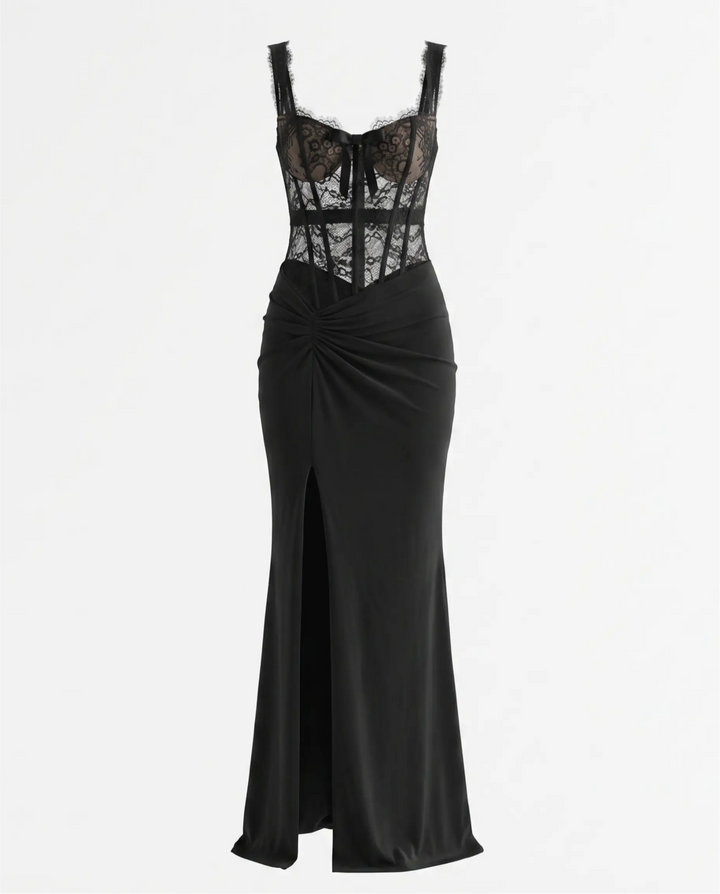Black Lace Corset Bodice Ruched Waist Split Maxi Dress