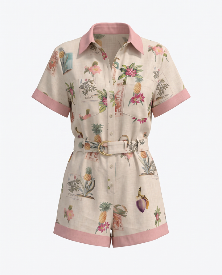 Fruit Floral Print Collared Button Top And Shorts Two-Piece Set