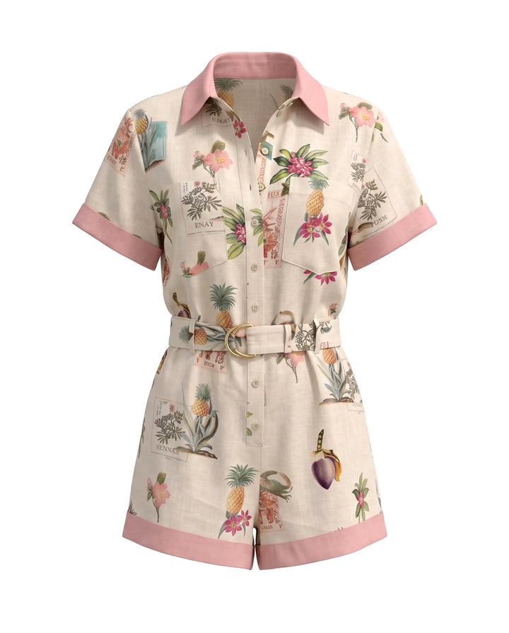 Fruit Floral Print Collared Button Top And Shorts Two-Piece Set