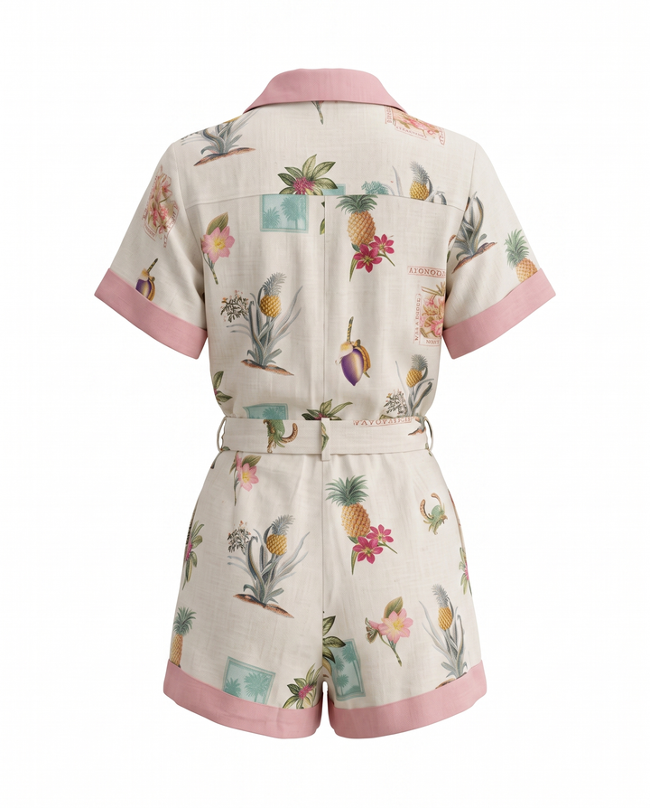 Fruit Floral Print Collared Button Top And Shorts Two-Piece Set