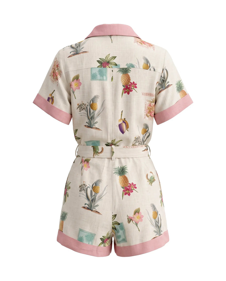Fruit Floral Print Collared Button Top And Shorts Two-Piece Set