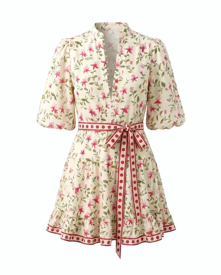 Floral Print Linen Blend Puff Sleeve Mini Dress