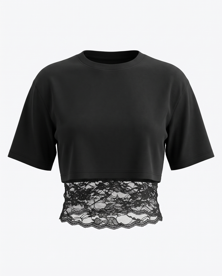 Black Layered Lace Hem Cropped T-Shirt