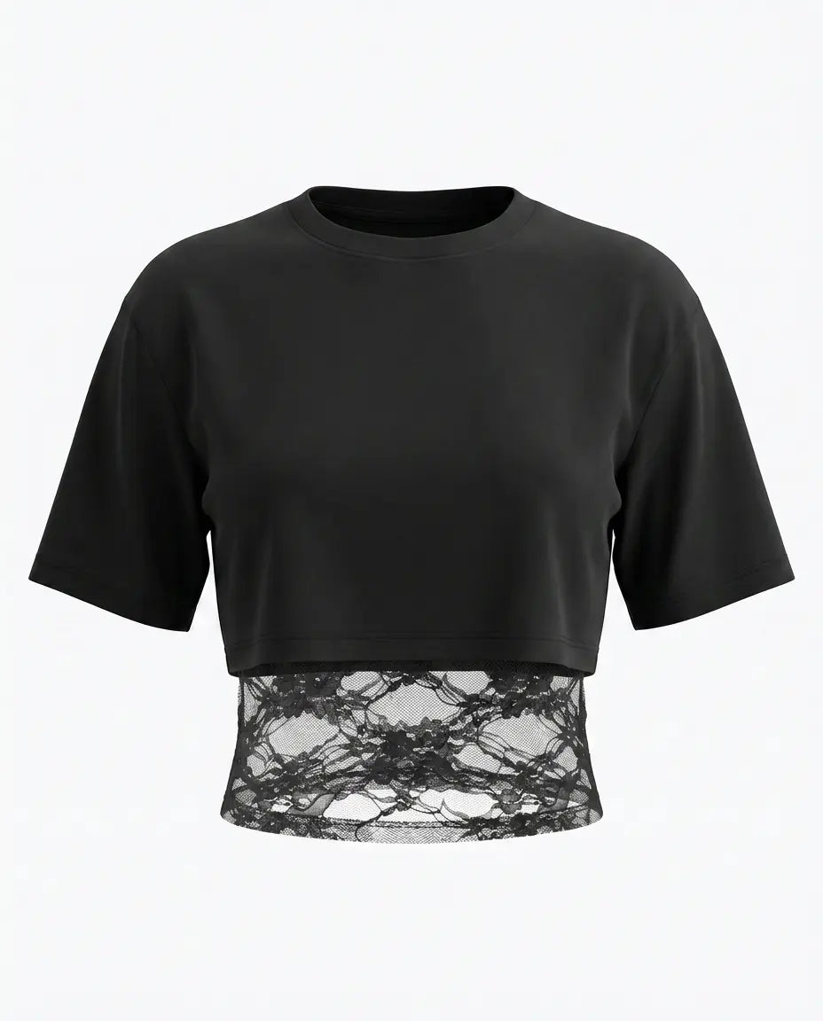 Black Layered Lace Hem Cropped T-Shirt