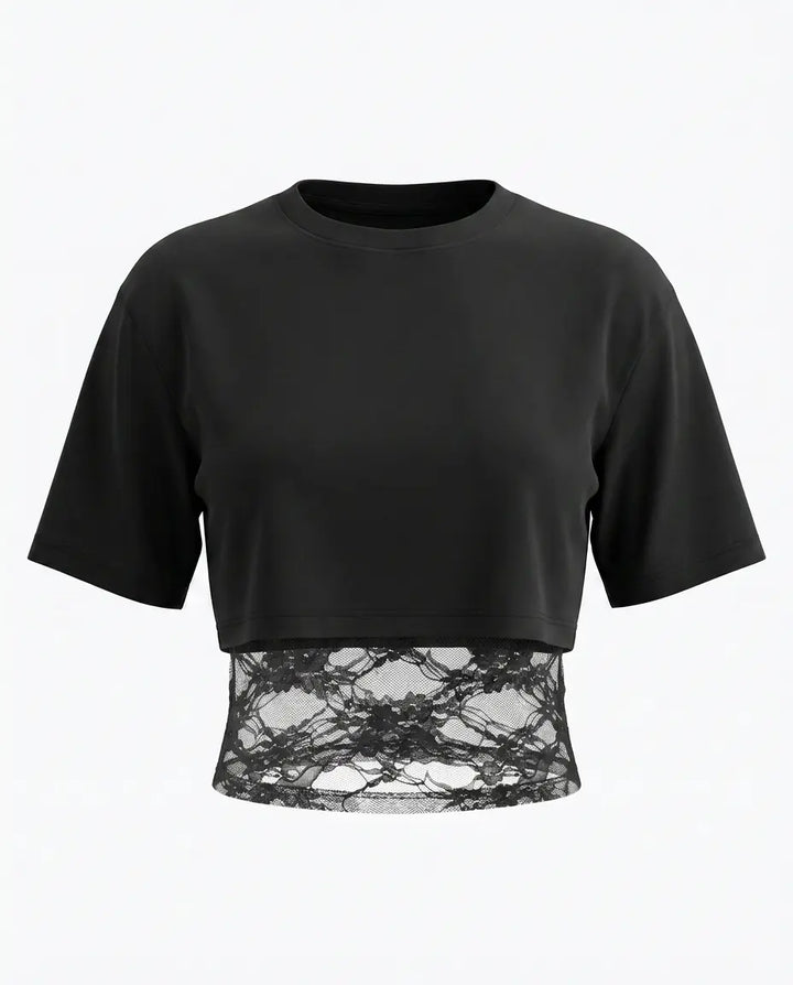 Black Layered Lace Hem Cropped T-Shirt