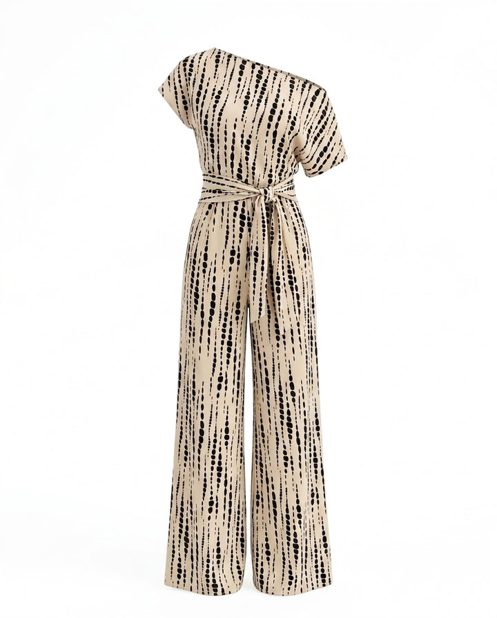 Beige Printed One-Shoulder Belted Wide Leg Jumpsuit