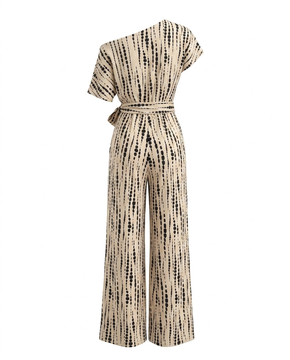 Beige Printed One-Shoulder Belted Wide Leg Jumpsuit