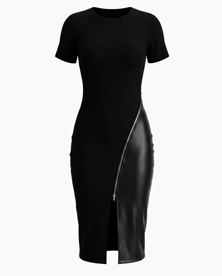 Black Zipper Split Contrast Panel Bodycon Midi Dress