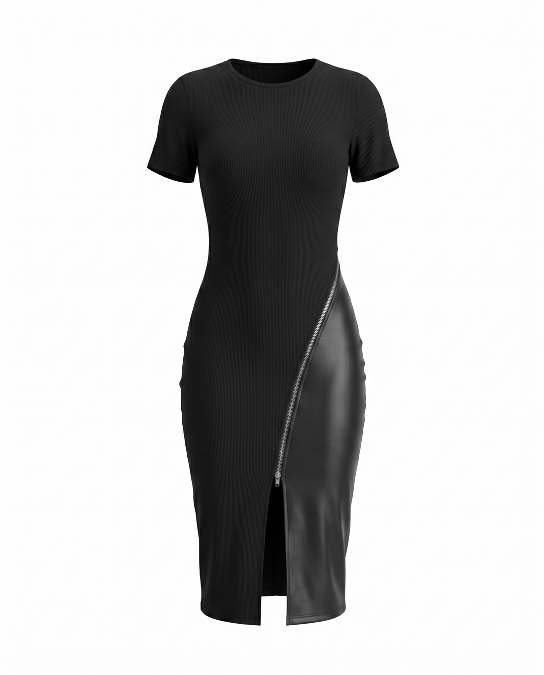 Black Zipper Split Contrast Panel Bodycon Midi Dress