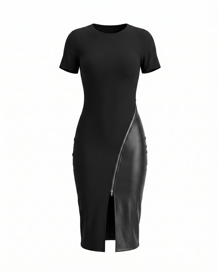 Black Zipper Split Contrast Panel Bodycon Midi Dress
