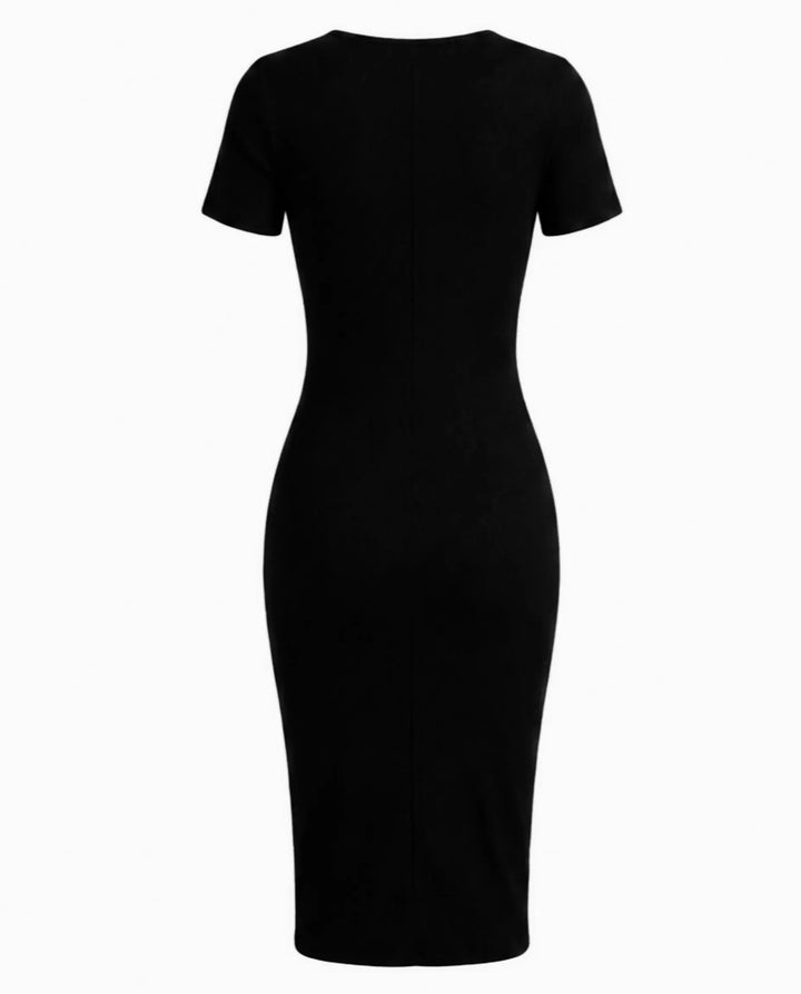 Black Zipper Split Contrast Panel Bodycon Midi Dress